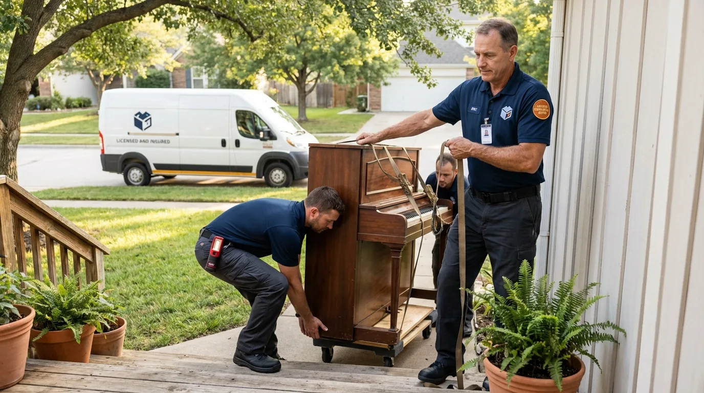 Licensed piano movers securing grand piano in Clara City, MN