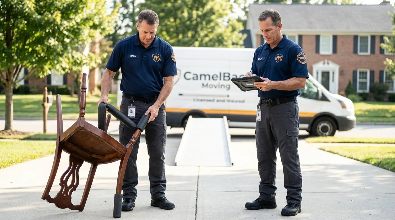 Movers inspecting furniture for damage prevention before loading in Clara City, MN
