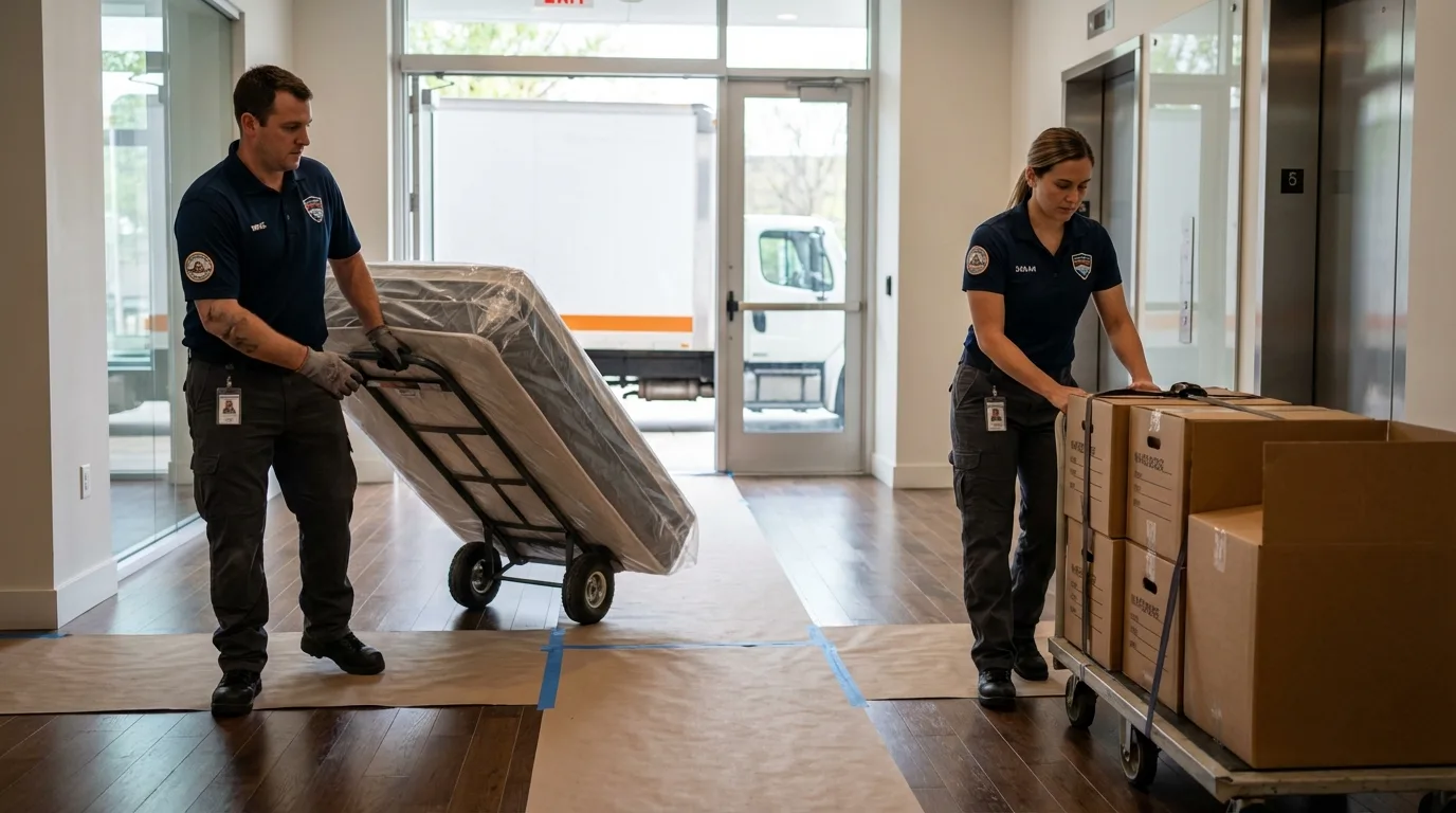 Professional apartment movers loading elevator in Clara City, MN